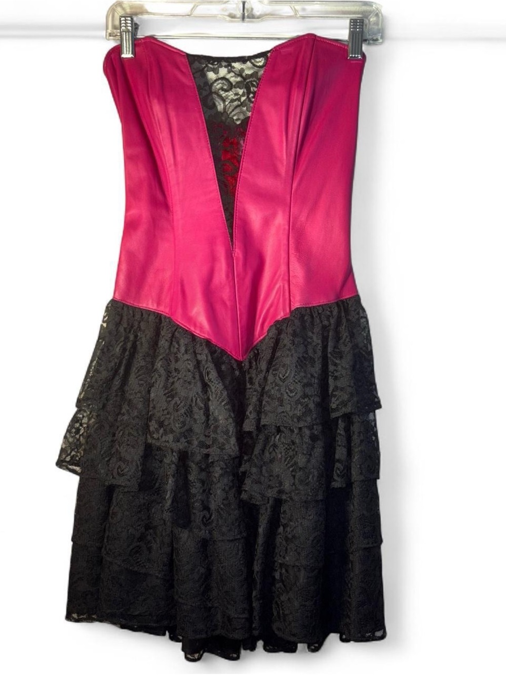 Vintage 80s Strapless Fuchsia and Black Lace Tiered Evening Dress